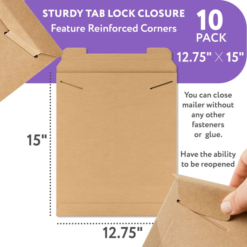 APQ Supply Natural Brown Tab Lock Rigid Mailers, 12.75 x 15 Inch. Pack of 10 Cardboard Envelopes for Photos, Documents. Sturdy Stay Flat Mailers with Tab Lock Closure. Hard Rigid Shipping Envelopes - Image 2